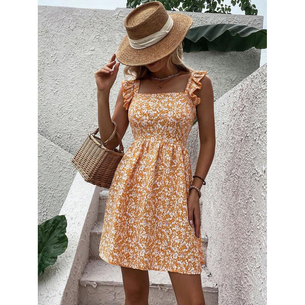 Summer Square-neck Ruffled Sleeveless Dress With Bow-tie Backless Design Fashion Casual Holiday Beach Dresses For Womens Clothing Limorista