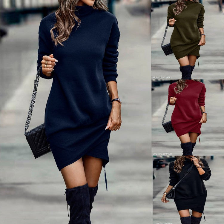 Long Sleeve Dress Solid Color High Neck Cross Short Dress Womens Clothing Limorista