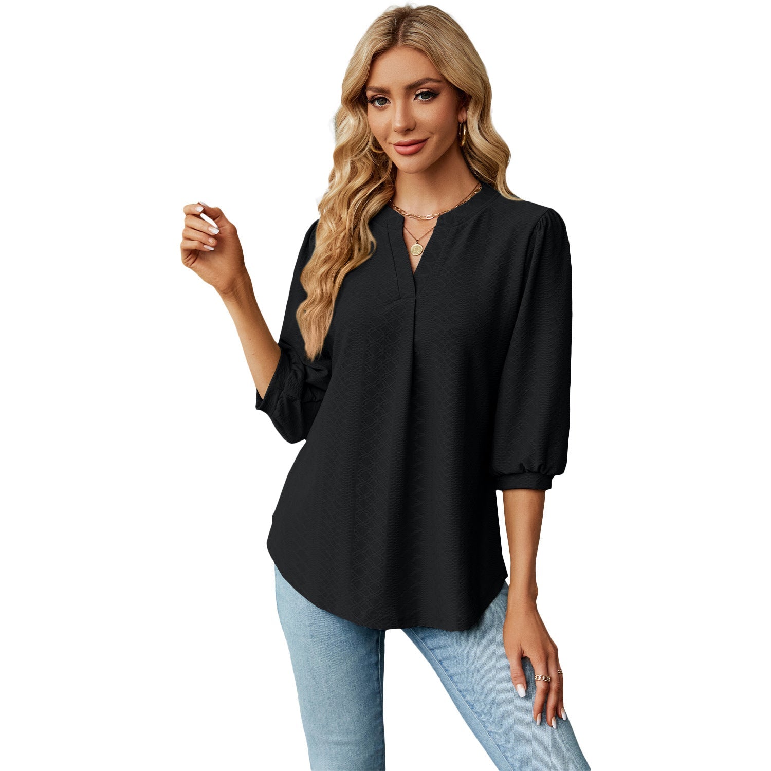 Solid Color Lace Collar Jacquard Long Sleeve Loose-fitting T-shirt Top Limorista