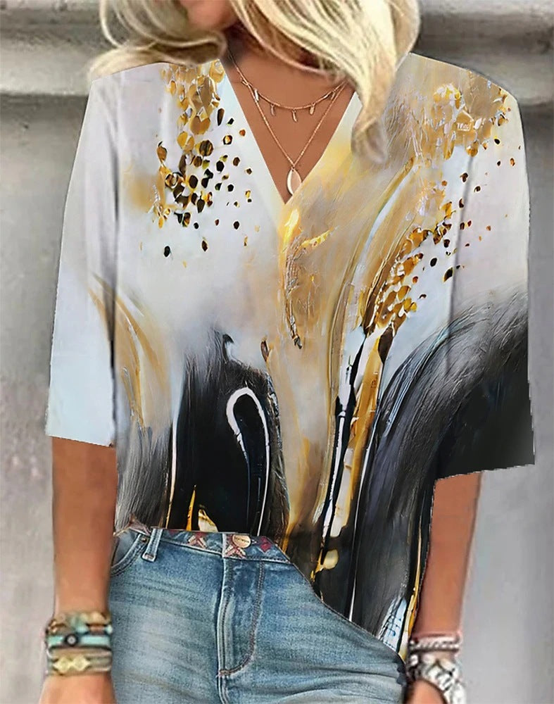 Cross-border Amazon Clothing 3D Printed V-neck Pullover Leisure Cropped POD Customization Limorista