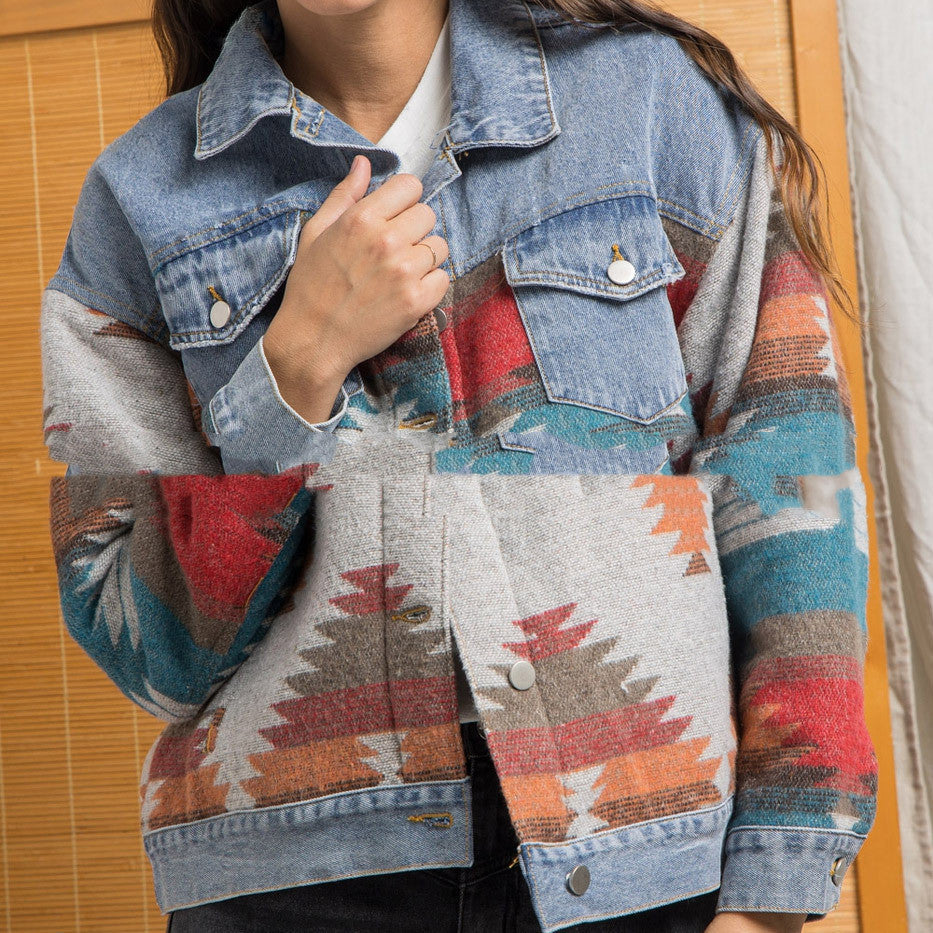 Long-sleeved Lapel Loose Denim Stitching Woolen Coat Limorista