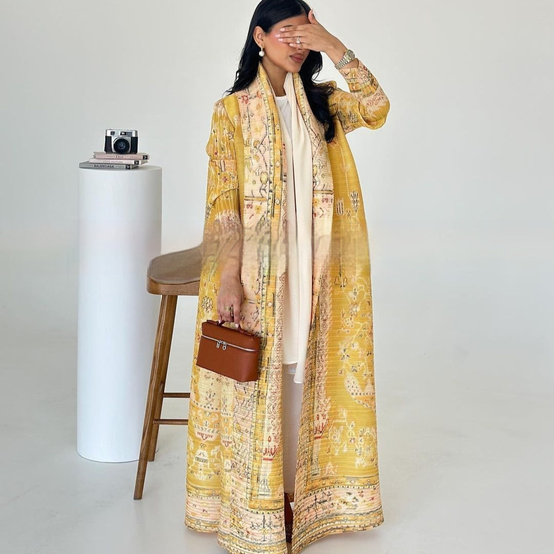 Pleated Trench Djellaba Hot-selling Printed Shawl Cardigan Ethnic Style Cloak Coat Limorista