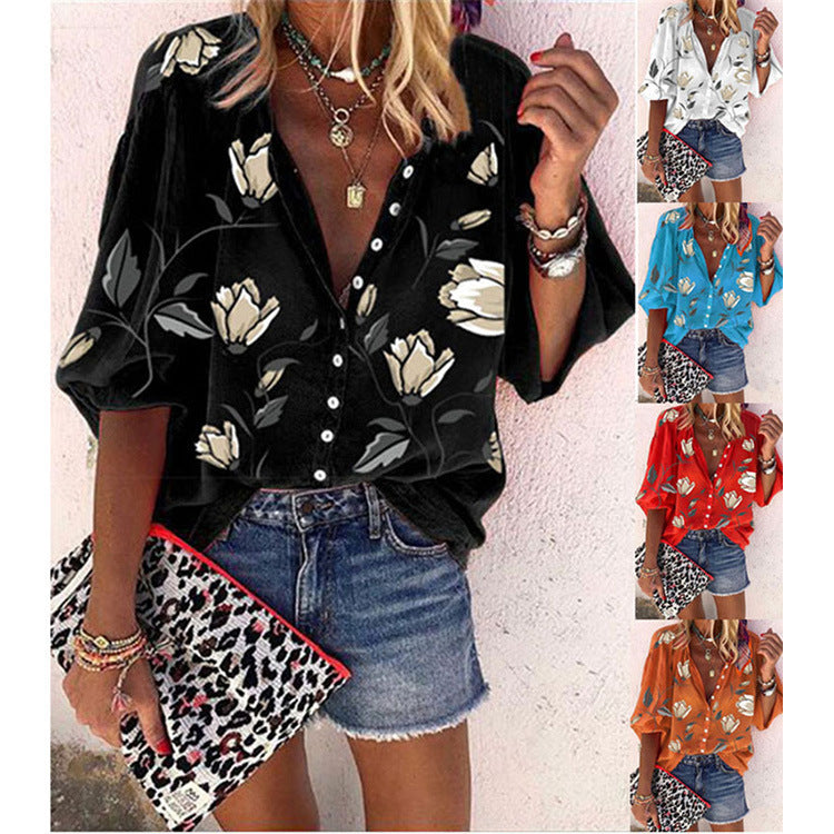 Flower Printed Nine-Sleeve Top Loose Casual Shirt Limorista