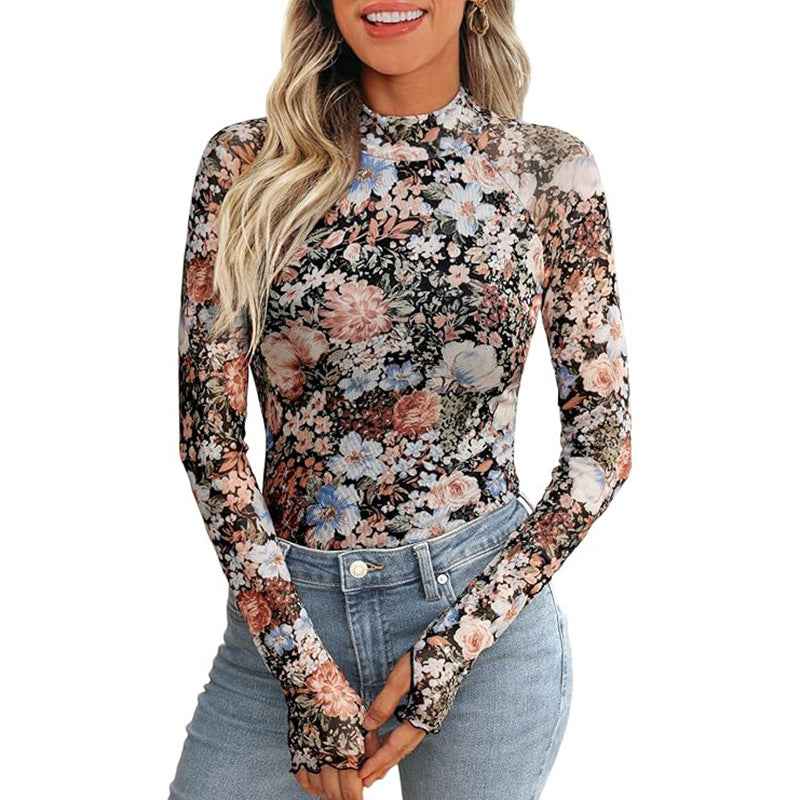 Limorista - Floral Mesh Crew Neck Long Sleeve Mesh Top