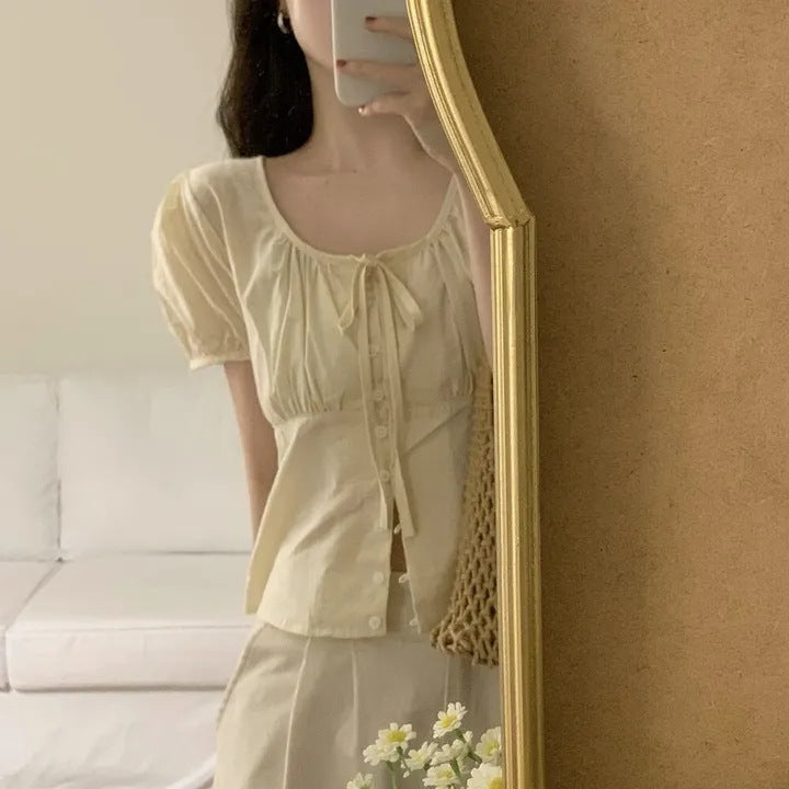 Single-breasted Lace Up Short Shirt French Small Top Limorista