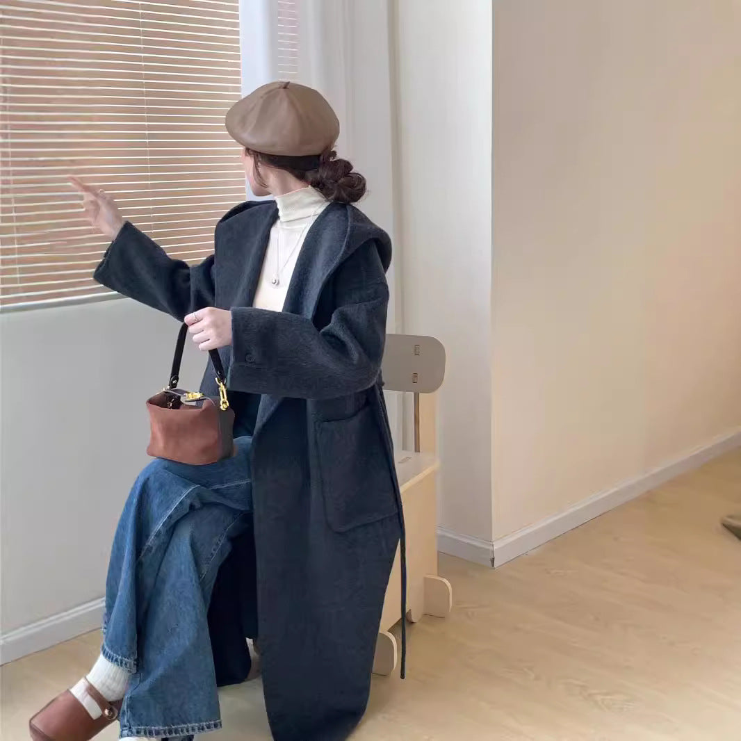 Solid Color Hooded Double-sided Wool Overcoat Women Limorista