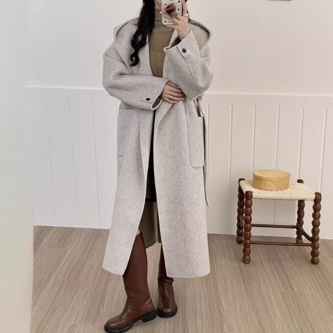 Solid Color Hooded Double-sided Wool Overcoat Women Limorista