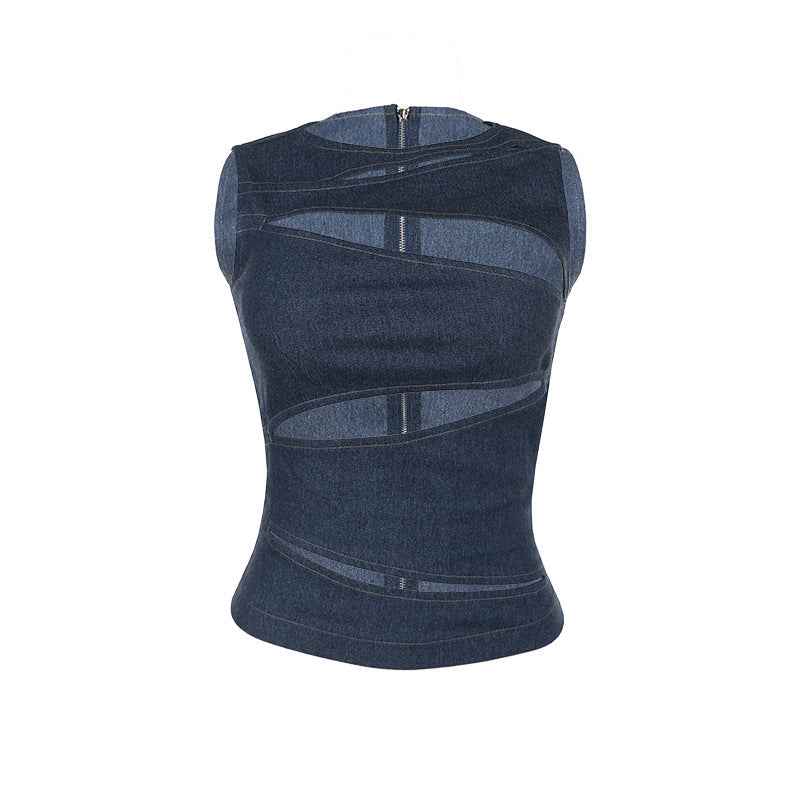 Limorista - New Sexy Hollow-out Faux Denim Vest Top For Women