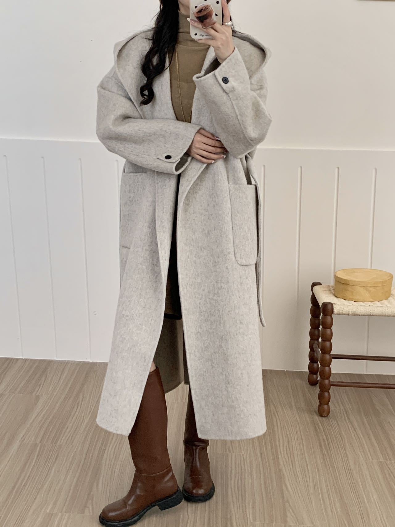 Solid Color Hooded Double-sided Wool Overcoat Women Limorista
