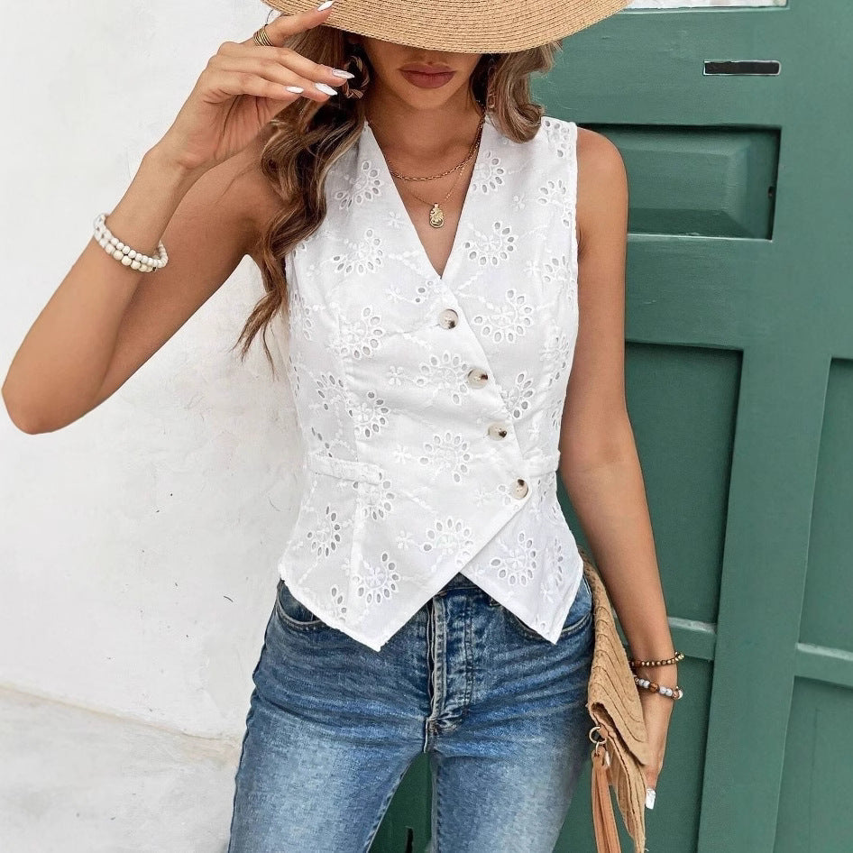 Limorista - Solid Color And V-neck Button Cardigan Vest Temperament Crochet