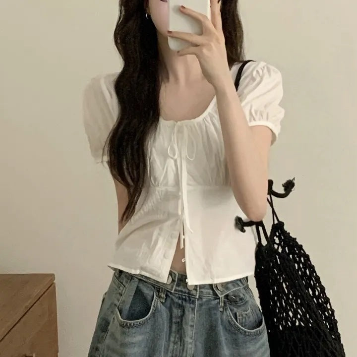 Single-breasted Lace Up Short Shirt French Small Top Limorista