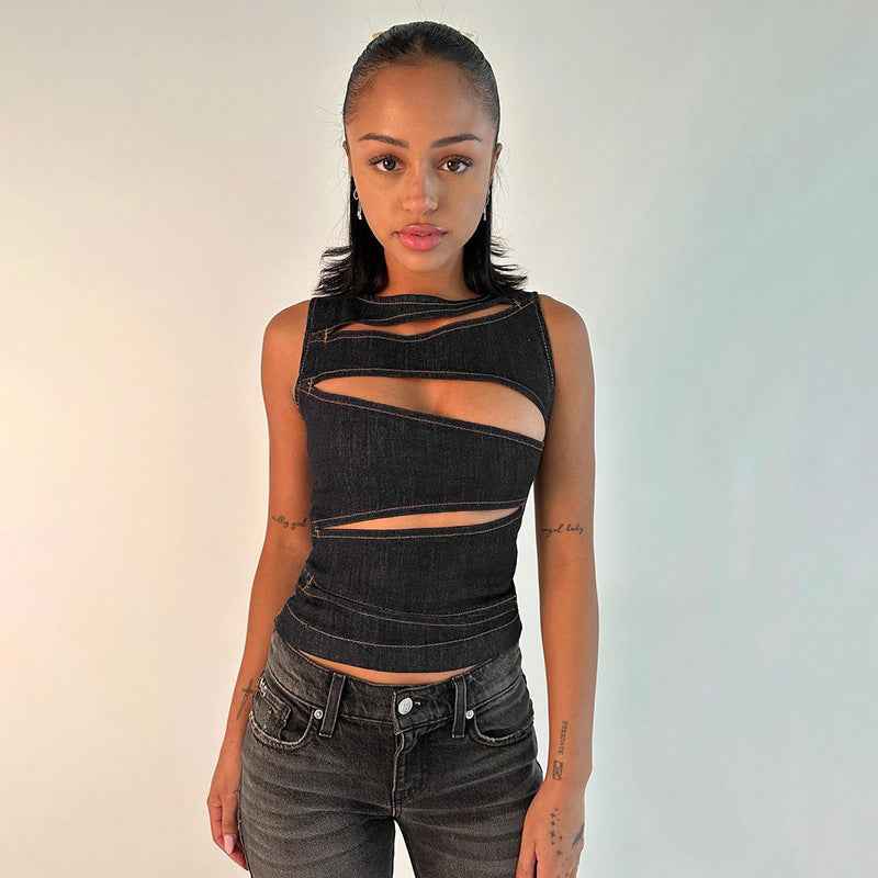Limorista - New Sexy Hollow-out Faux Denim Vest Top For Women