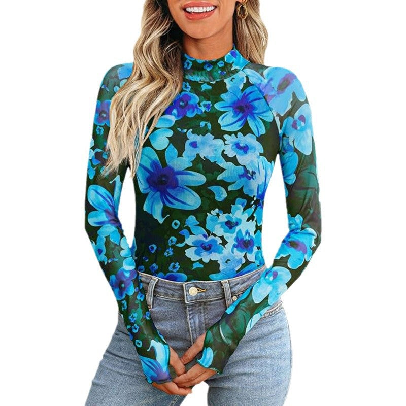 Floral Mesh Crew Neck Long Sleeve Mesh Top Limorista