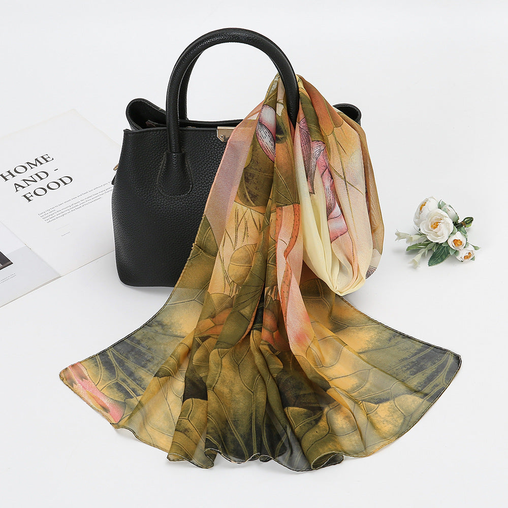 Thin Chiffon Lotus Pond Moonlight Printed Silk Scarf Limorista