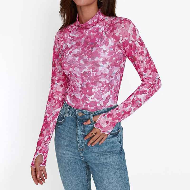 Limorista - Floral Mesh Crew Neck Long Sleeve Mesh Top