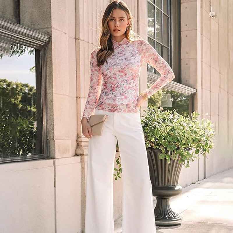 Limorista - Floral Mesh Crew Neck Long Sleeve Mesh Top
