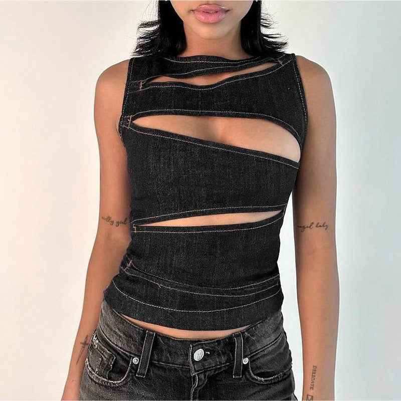 Limorista - New Sexy Hollow-out Faux Denim Vest Top For Women