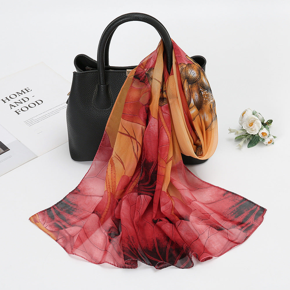 Thin Chiffon Lotus Pond Moonlight Printed Silk Scarf Limorista