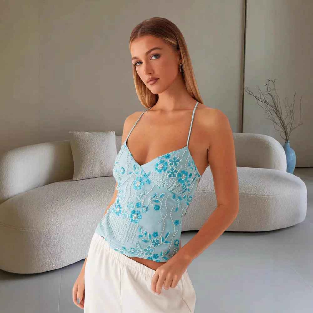 Limorista - Y2K Dopamine-colored Bandeau Sling Tops Summer V-neck Flower Beaded Backless Vest For Women