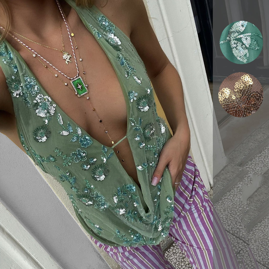 Limorista - Sexy Backless Sequined V-neck Top