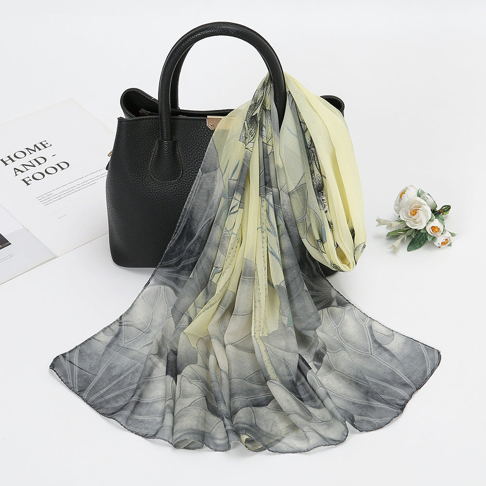 Thin Chiffon Lotus Pond Moonlight Printed Silk Scarf Limorista