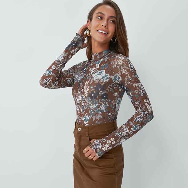 Limorista - Floral Mesh Crew Neck Long Sleeve Mesh Top