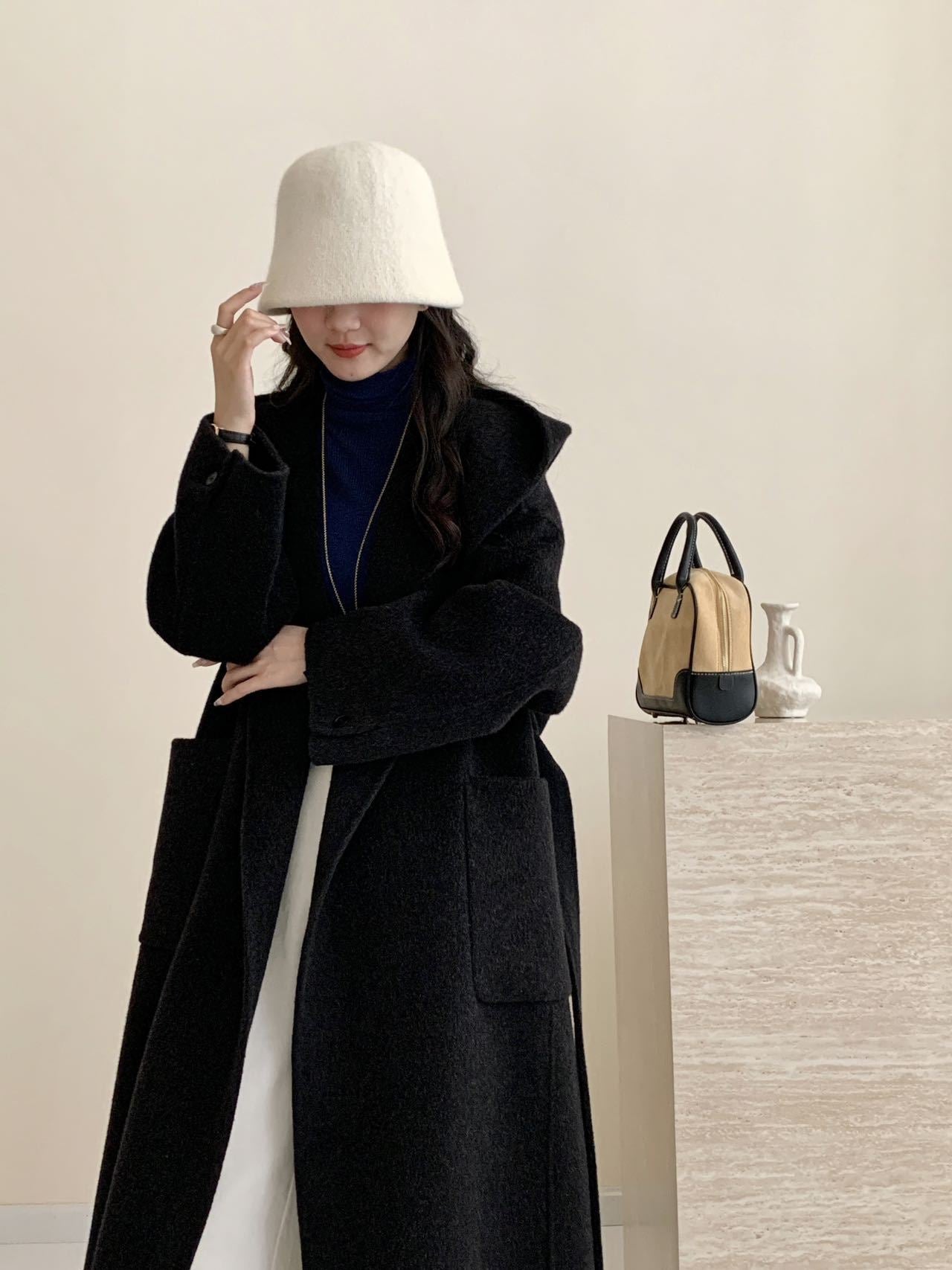 Solid Color Hooded Double-sided Wool Overcoat Women Limorista