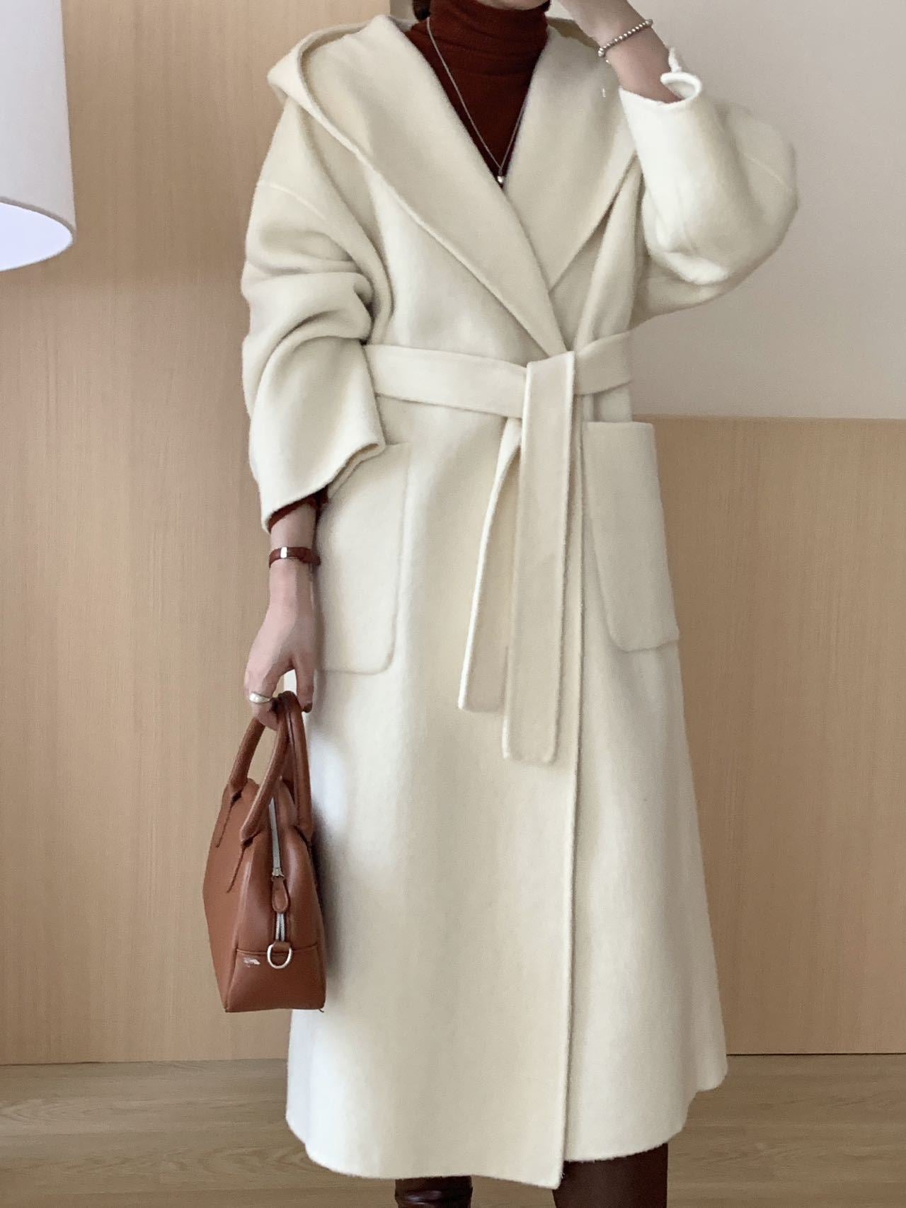 Solid Color Hooded Double-sided Wool Overcoat Women Limorista