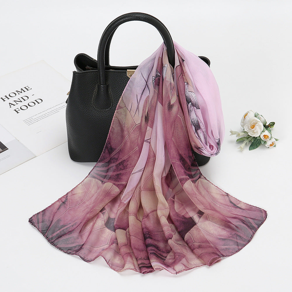 Thin Chiffon Lotus Pond Moonlight Printed Silk Scarf Limorista