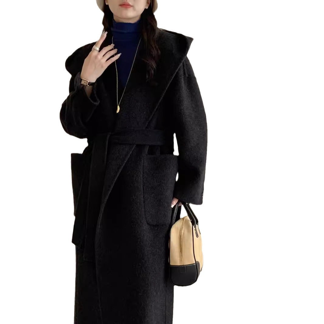 Solid Color Hooded Double-sided Wool Overcoat Women Limorista