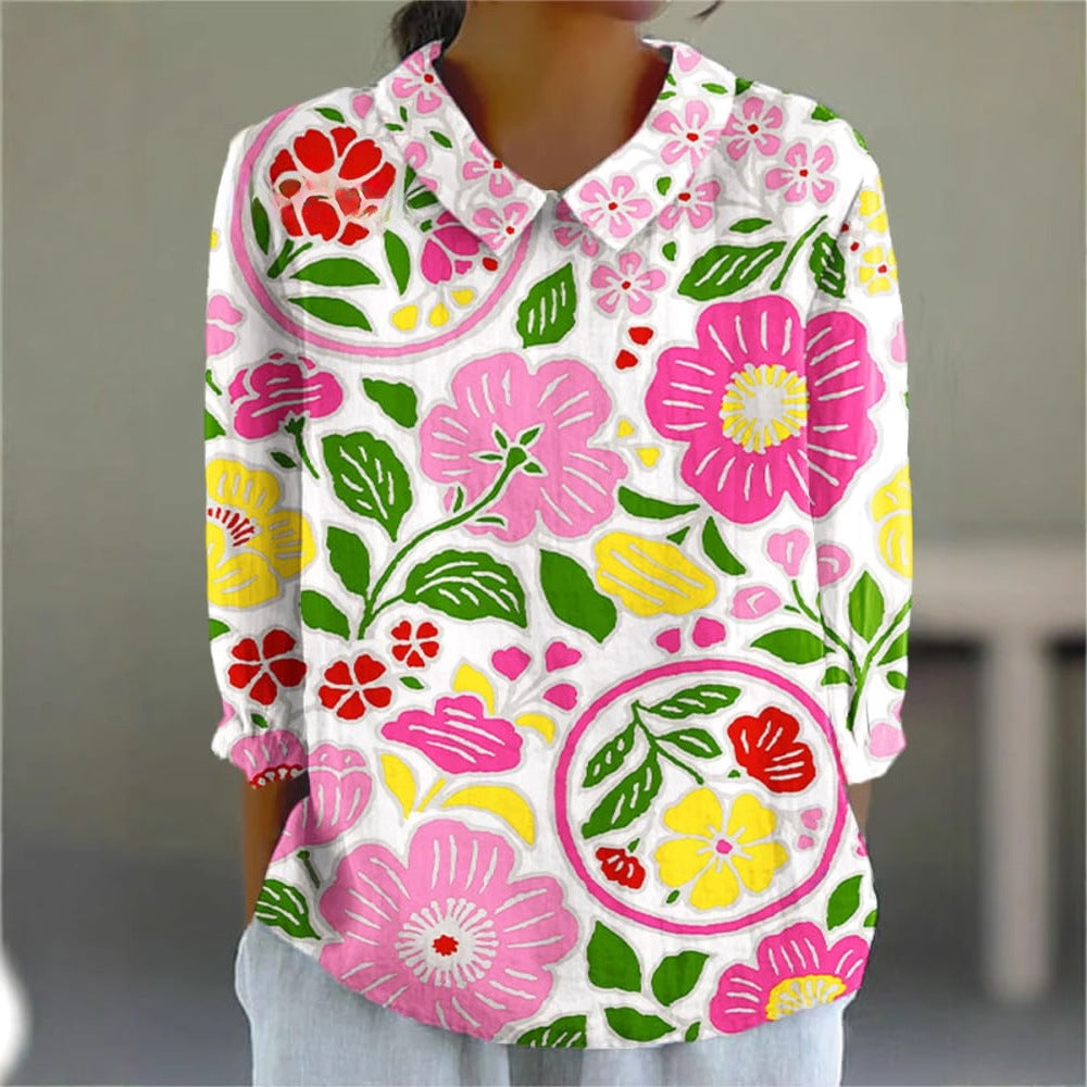 Ladies Flower Fashion Personality Polo Collar Top Limorista