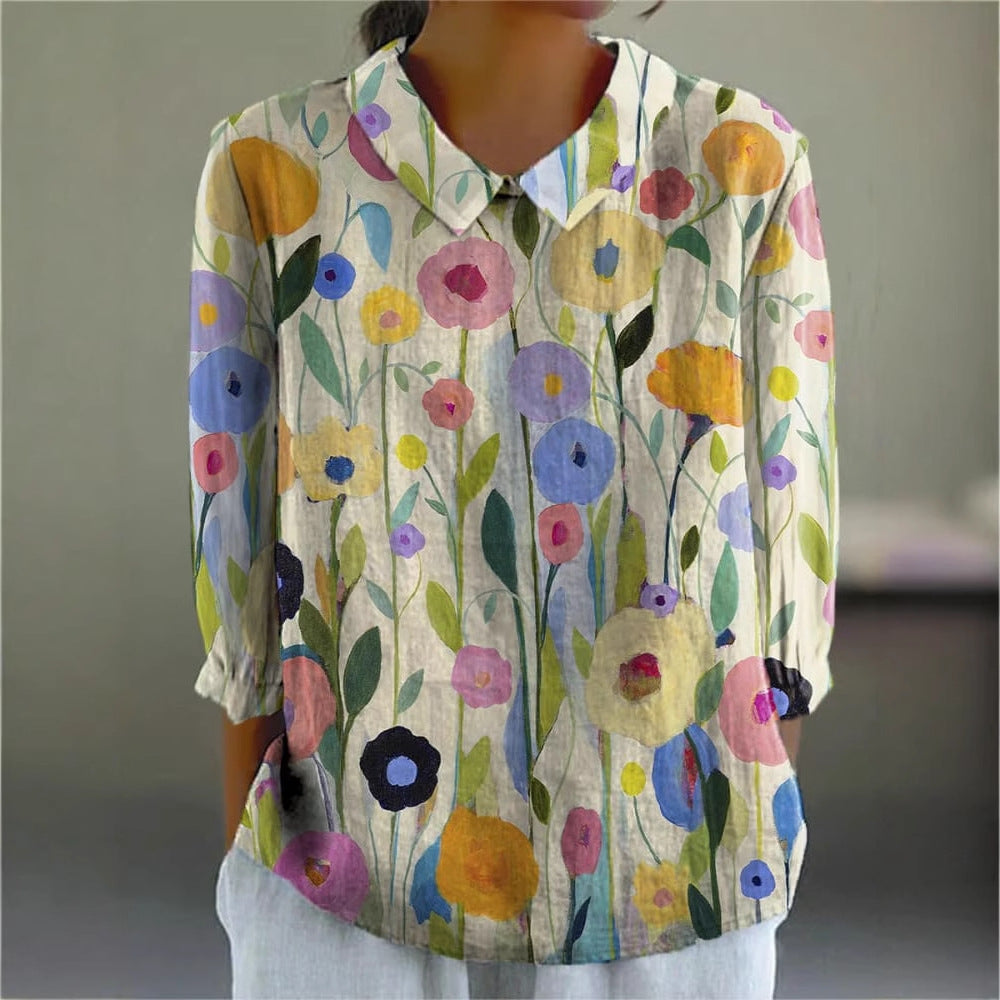 Limorista - Ladies Flower Fashion Personality Polo Collar Top