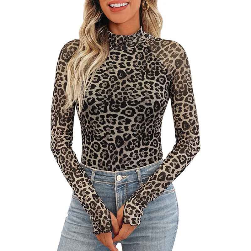 Limorista - Floral Mesh Crew Neck Long Sleeve Mesh Top