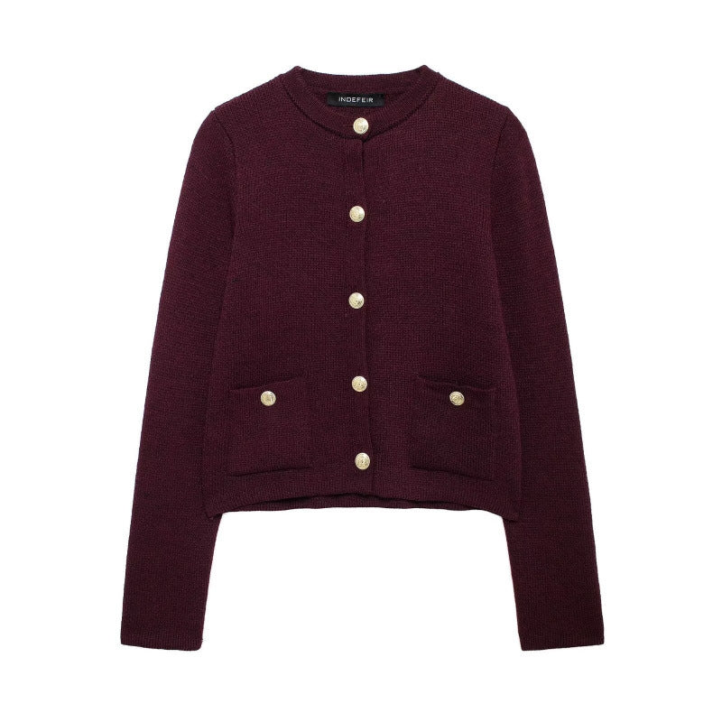 Gold Decorated Row Button Short Knitted Cardigan Jacket Limorista
