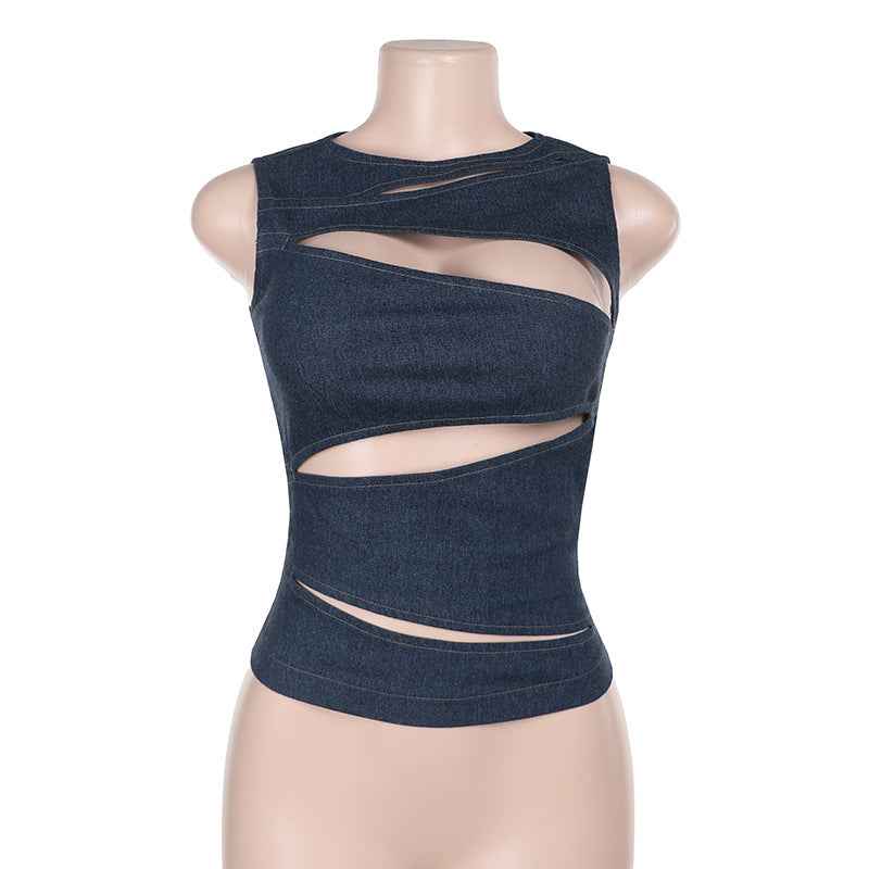 Limorista - New Sexy Hollow-out Faux Denim Vest Top For Women