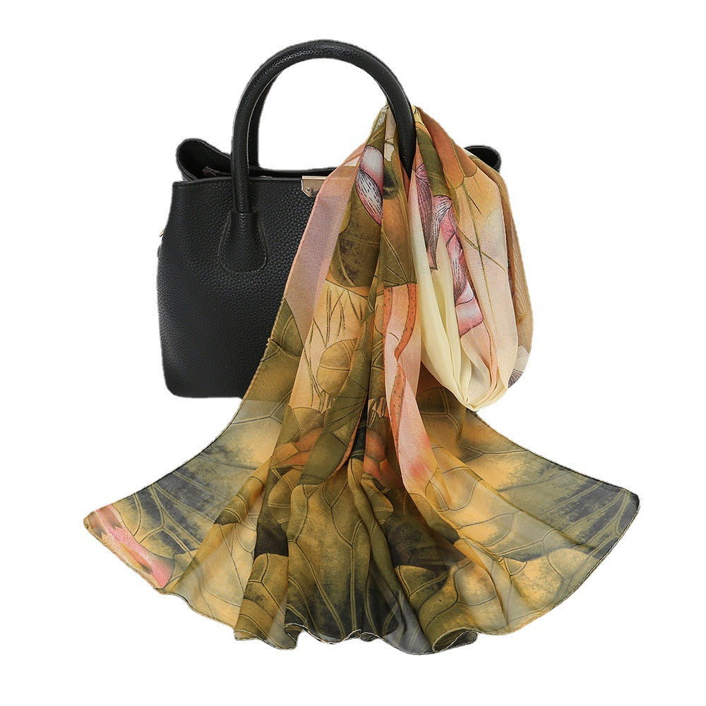 Thin Chiffon Lotus Pond Moonlight Printed Silk Scarf Limorista