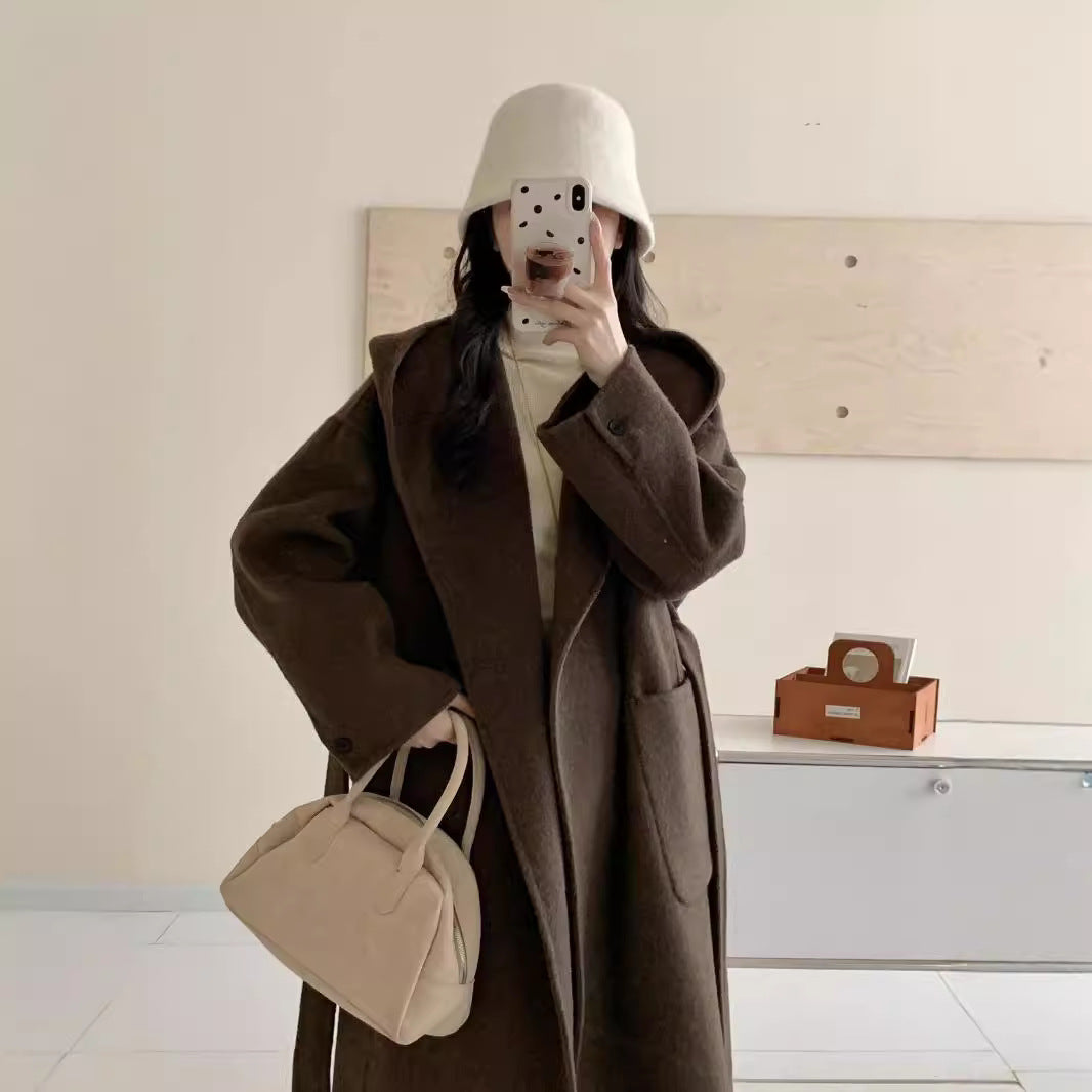 Solid Color Hooded Double-sided Wool Overcoat Women Limorista