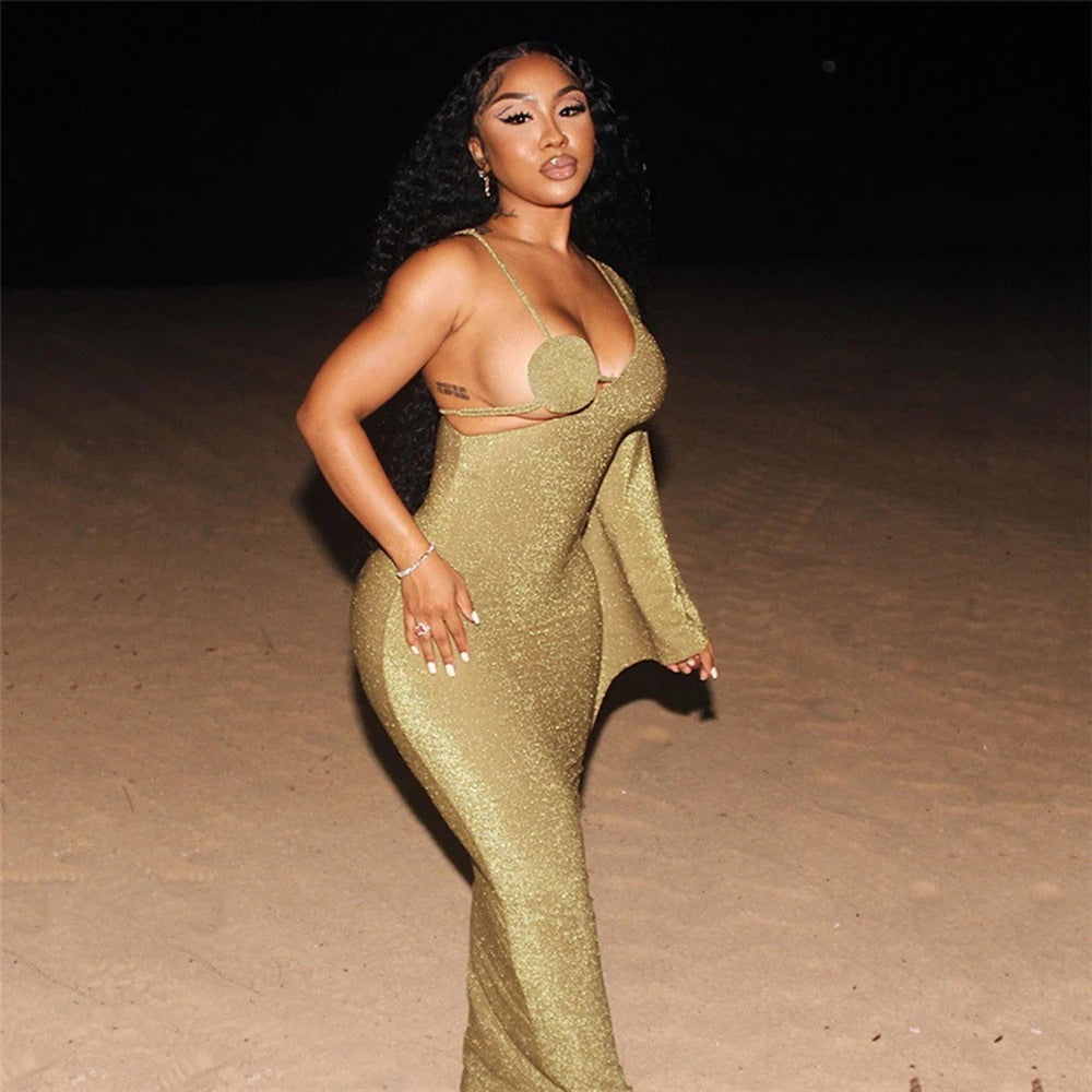 V-neck One-shoulder Flared Long Sleeve Bandage Dress Limorista