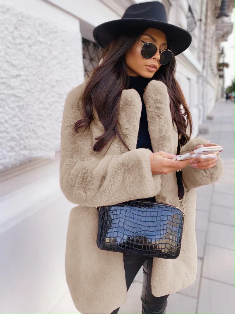 Temperament Long Sleeve Lapel Faux Fur Coat Solid Color Coat Women Fur Fur Women&