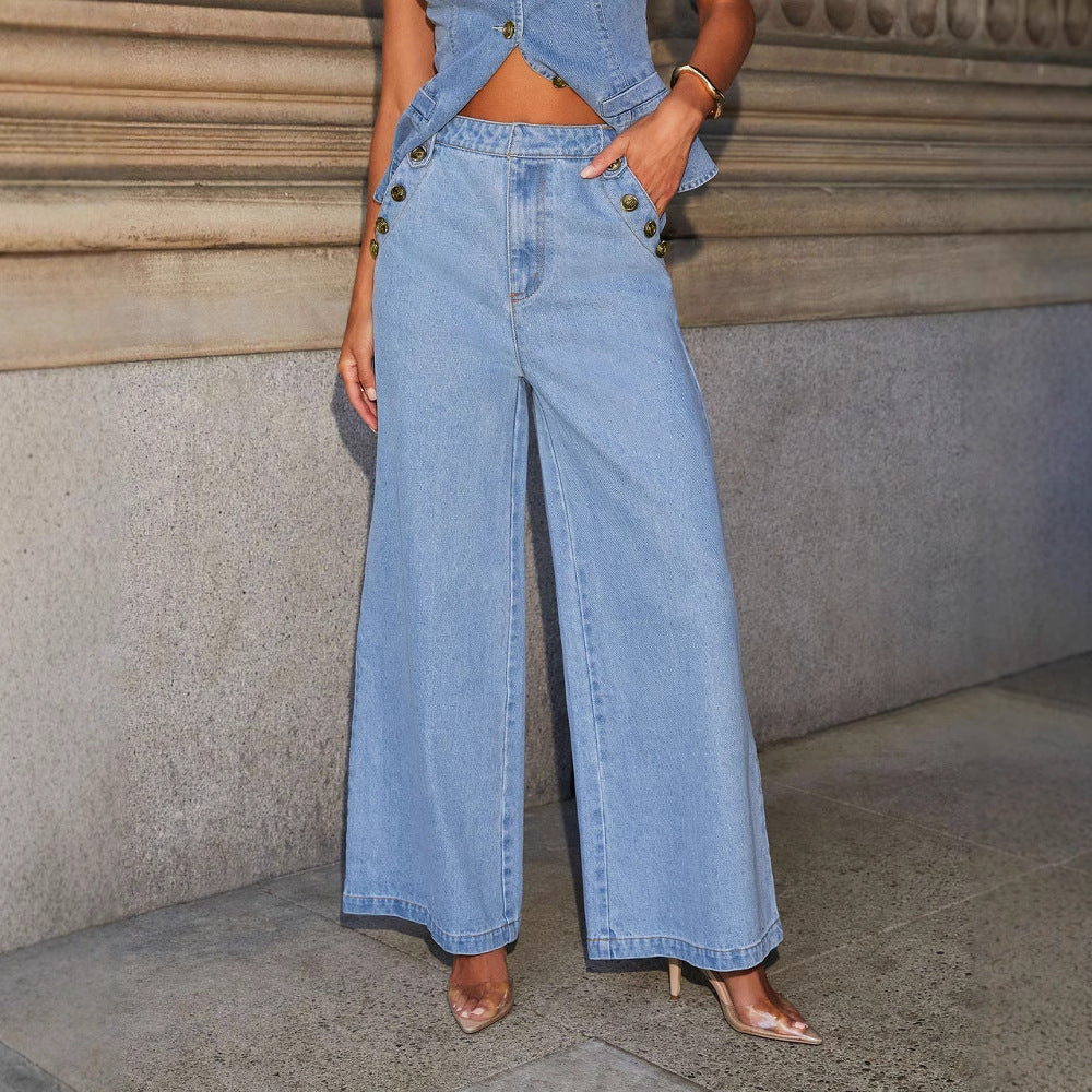Denim Vest Suits Fashion Sleeveless Button Tops And Wide Leg Straight Pants With Pockets Women&