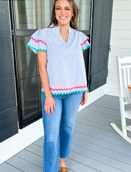 Limorista - Sky Blue Stripe Ricrac Trim Split Neck Striped Ruffled Sleeve Blouse