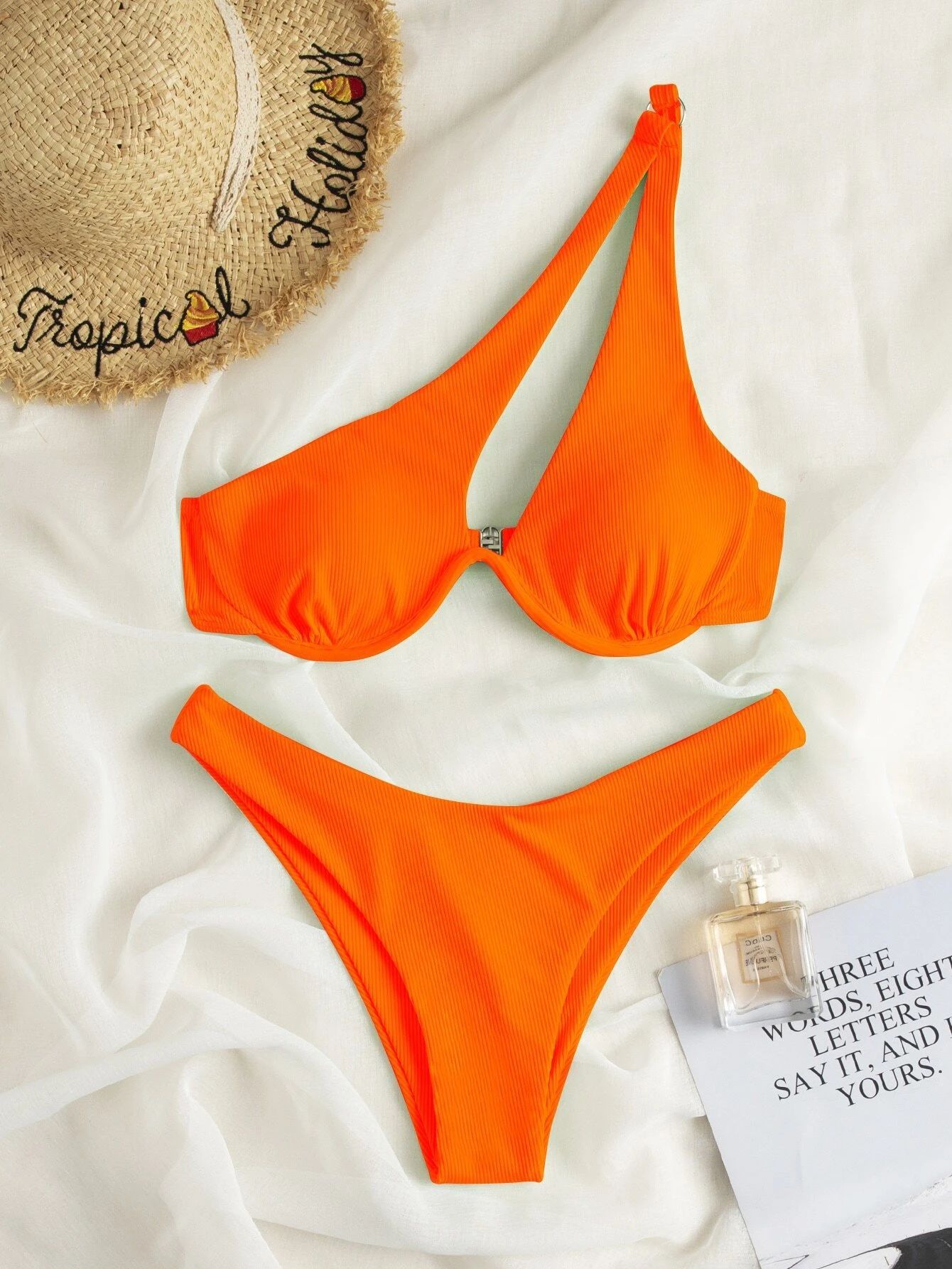 Ladies Split Swimsuit Solid Color One Shoulder Underwire Bikini Limorista