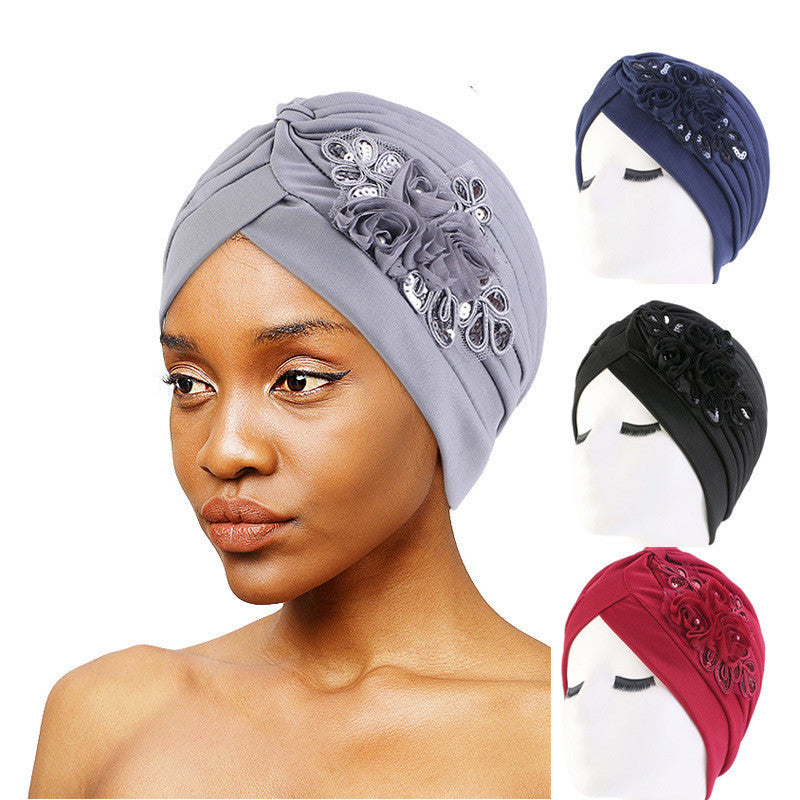 Ladies Sequin Flower Turban Toe Hat Fold Limorista