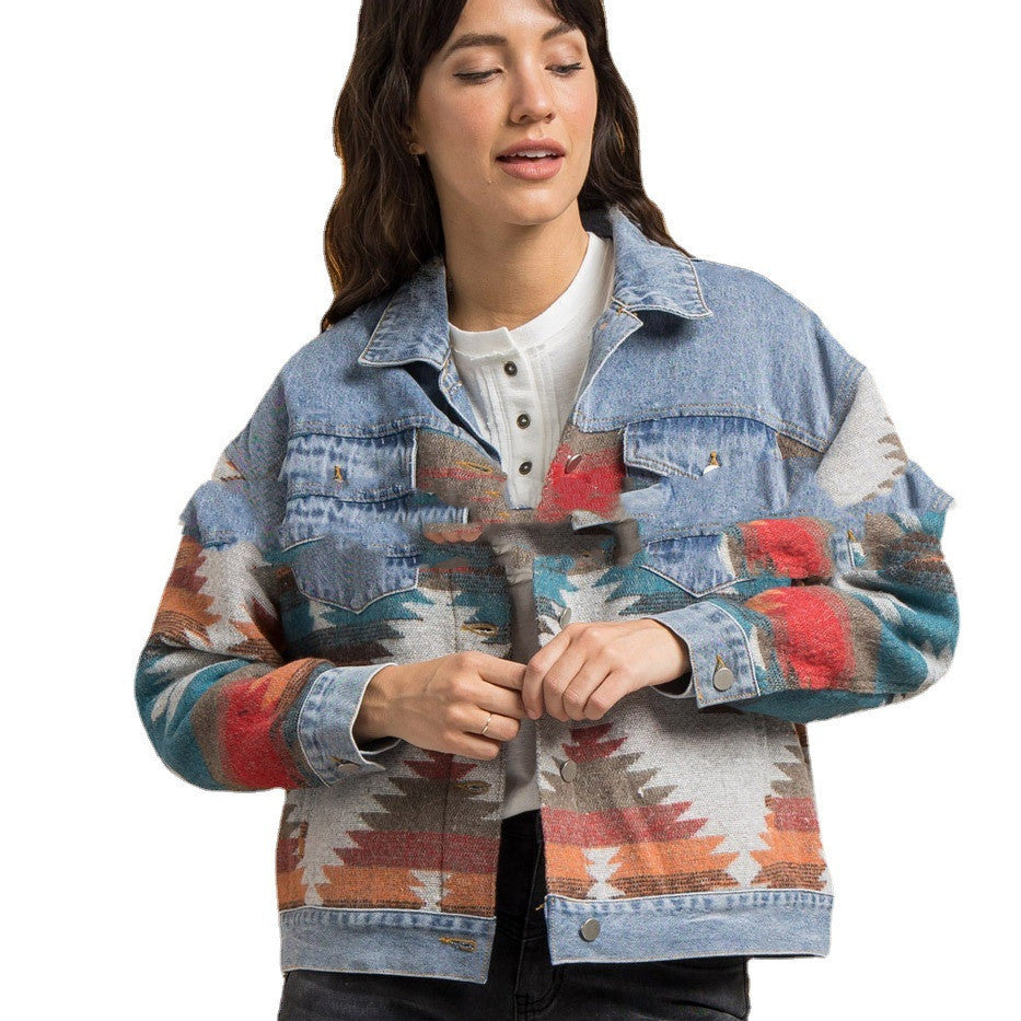 Long-sleeved Lapel Loose Denim Stitching Woolen Coat Limorista