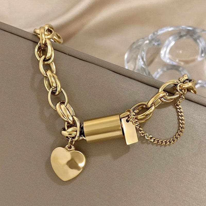New Stainless Steel Peach Heart Cuban Link Chain Bracelet Suit Limorista