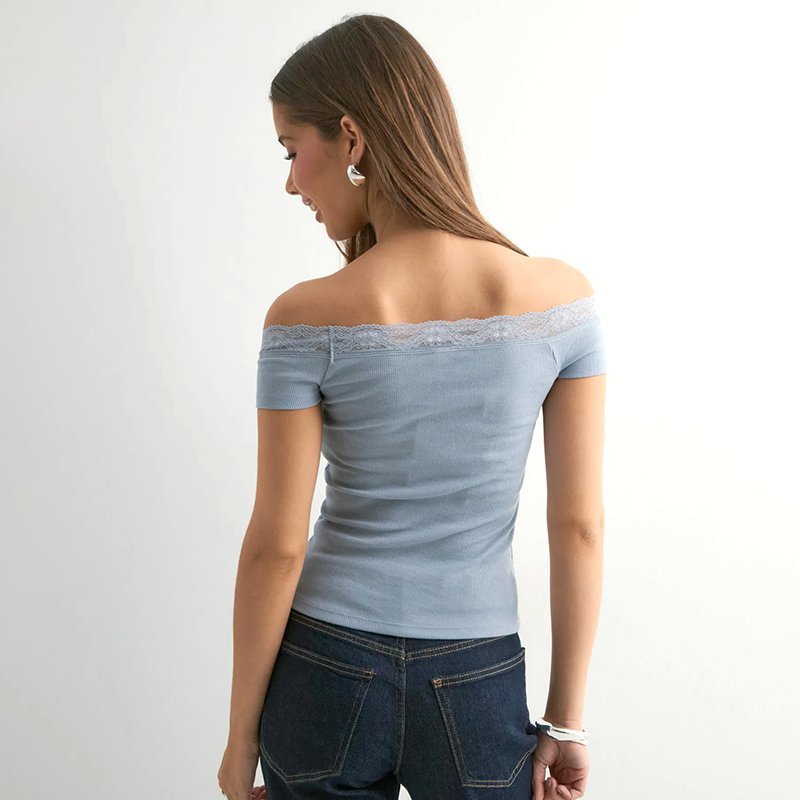 Solid Color Sleeveless Off-neck Lace Top Limorista