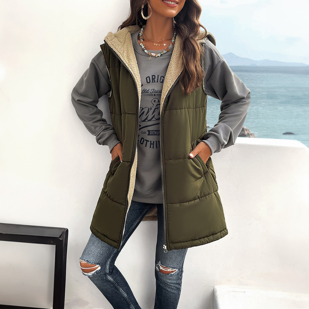 Winter Vest Women Loose Commuting Mid-length Hooded Cotton Jacket With Pockets Fashion Warm Zipper Fluffy Coat Outdoor Clothing Limorista