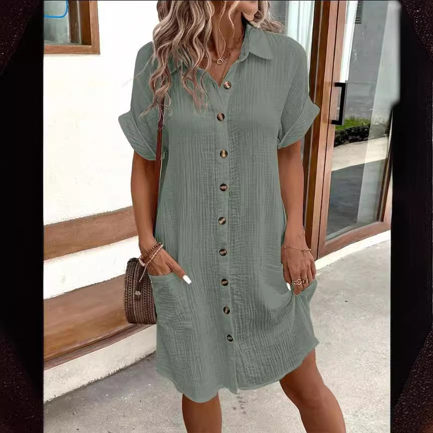 Summer Short Sleeve Shirt Dress Fashion Solid Color Single-breasted Mid-length Loose Dress - Limorista