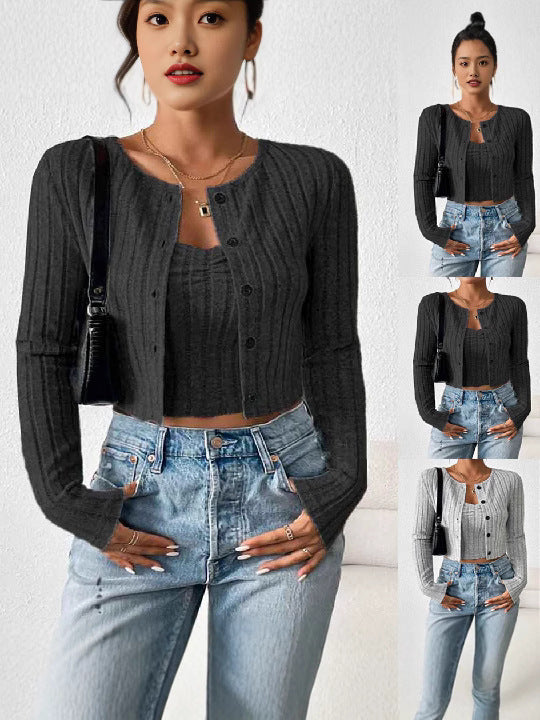 Rib Button Front Knit Elegant Set, Long Sleeve Cardigan & Sleeveless Crop Camisole, Women&