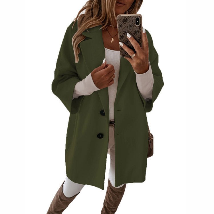 Sleeves Button Lapel Pocket Women&